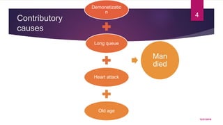 Contributory
causes
Demonetizatio
n
Long queue
Heart attack
Old age
Man
died
12/21/2016
4
 