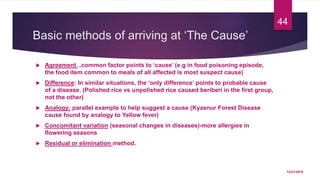 Basic methods of arriving at ‘The Cause’
 Agreement ..common factor points to ‘cause’ (e.g in food poisoning episode,
the food item common to meals of all affected is most suspect cause)
 Difference: In similar situations, the ‘only difference’ points to probable cause
of a disease. (Polished rice vs unpolished rice caused beriberi in the first group,
not the other)
 Analogy: parallel example to help suggest a cause (Kyasnur Forest Disease
cause found by analogy to Yellow fever)
 Concomitant variation (seasonal changes in diseases)-more allergies in
flowering seasons
 Residual or elimination method.
12/21/2016
44
 