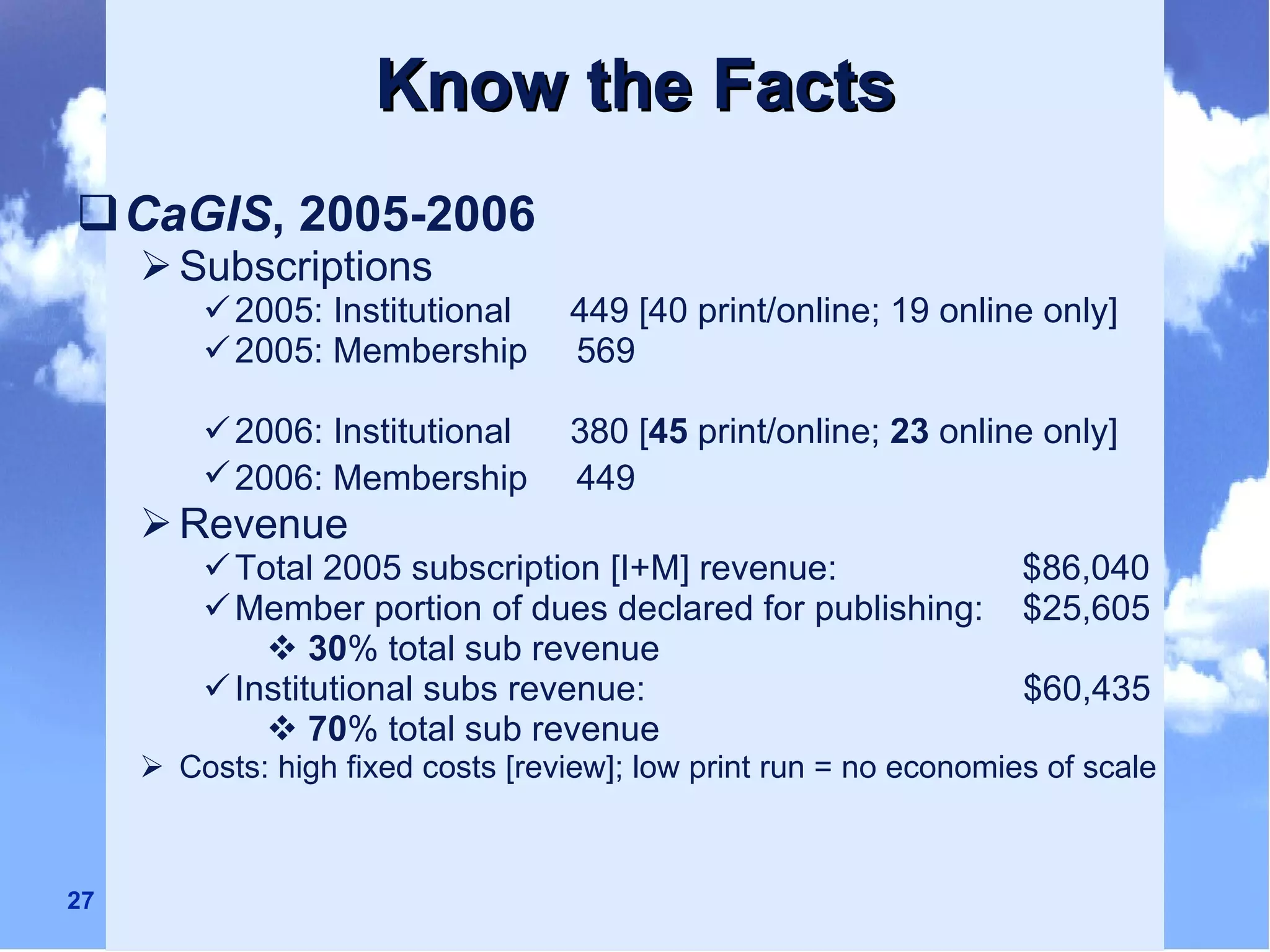 Know the Facts CaGIS , 2005-2006  Subscriptions 2005: Institutional  449 [40 print/online; 19 online only] 2005: Membership  569 2006: Institutional  380 [ 45  print/online;  23  online only] 2006: Membership  449   Revenue Total 2005 subscription [I+M] revenue:  $86,040 Member portion of dues declared for publishing:  $25,605  30 % total sub revenue Institutional subs revenue:   $60,435 70 % total sub revenue Costs: high fixed costs [review]; low print run = no economies of scale 