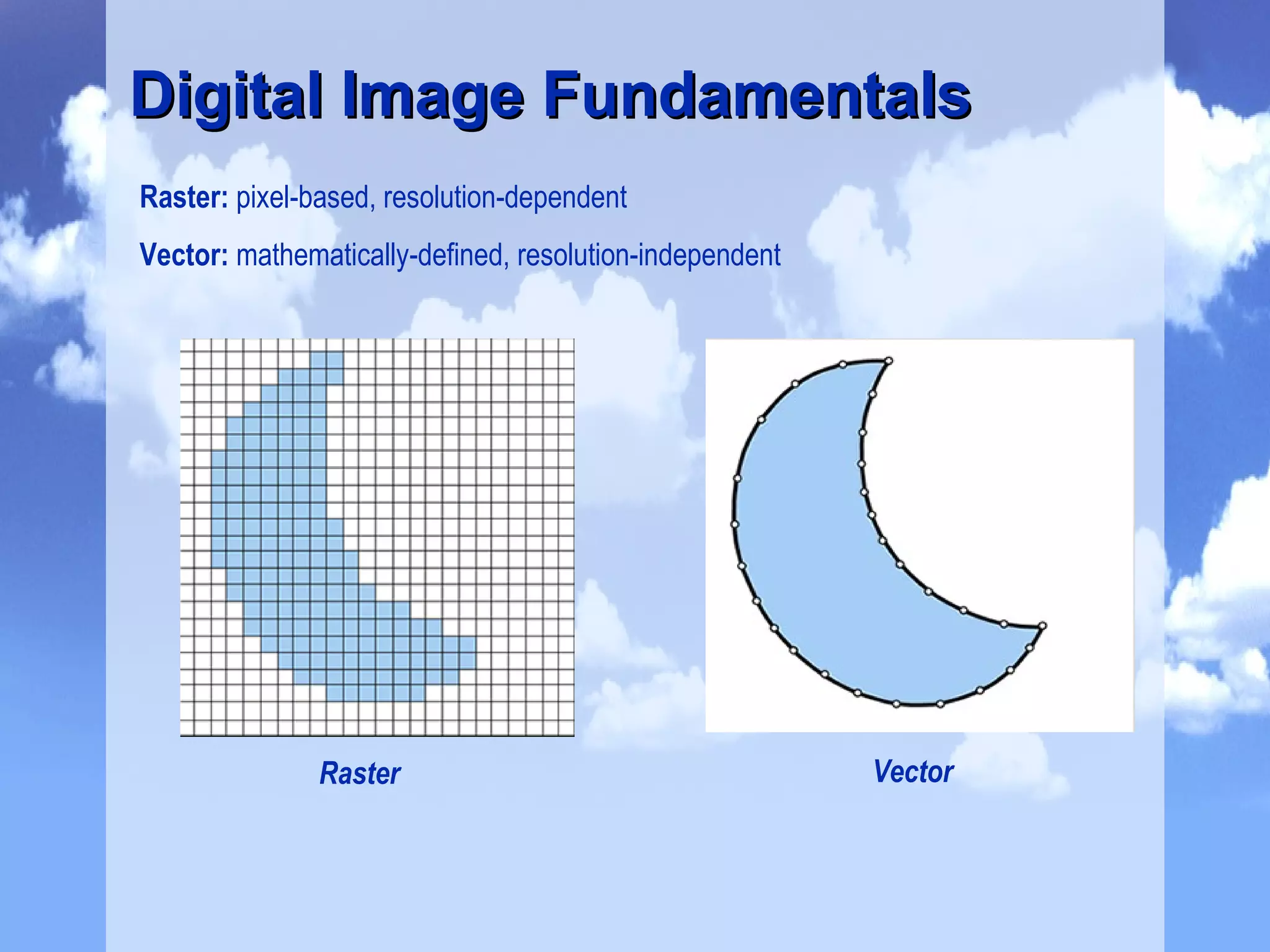 Digital Image Fundamentals Raster:  pixel-based, resolution-dependent Vector:  mathematically-defined, resolution-independent Vector Raster 