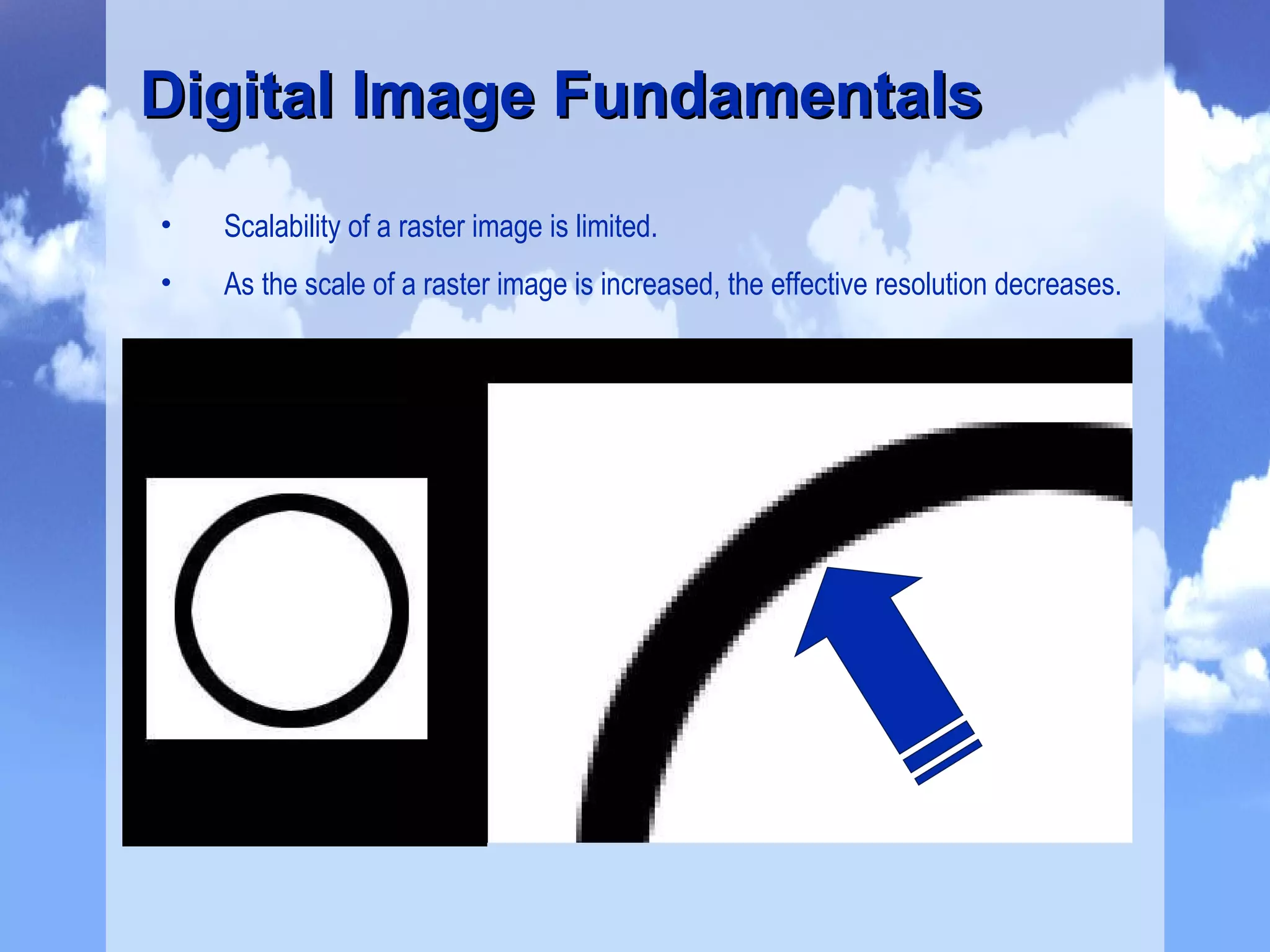 Digital Image Fundamentals Scalability of a raster image is limited. As the scale of a raster image is increased, the effective resolution decreases. 