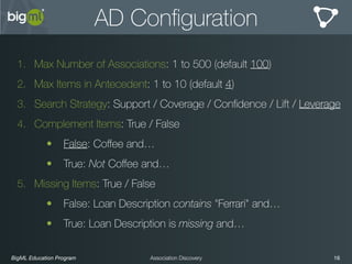 BigML Education Program 16Association Discovery
AD Conﬁguration
1. Max Number of Associations: 1 to 500 (default 100)
2. Max Items in Antecedent: 1 to 10 (default 4)
3. Search Strategy: Support / Coverage / Conﬁdence / Lift / Leverage
4. Complement Items: True / False
• False: Coﬀee and…
• True: Not Coﬀee and…
5. Missing Items: True / False
• False: Loan Description contains "Ferrari" and…
• True: Loan Description is missing and…
 
