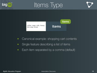 BigML Education Program 18Association Discovery
Items Type
itemscoffee, sugar, milk, honey,
dish soap, bread
items
• Canonical example: shopping cart contents
• Single feature describing a list of items
• Each item separated by a comma (default)
 