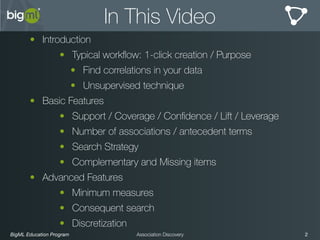 BigML Education Program 2Association Discovery
In This Video
• Introduction
• Typical workﬂow: 1-click creation / Purpose
• Find correlations in your data
• Unsupervised technique
• Basic Features
• Support / Coverage / Conﬁdence / Lift / Leverage
• Number of associations / antecedent terms
• Search Strategy
• Complementary and Missing items
• Advanced Features
• Minimum measures
• Consequent search
• Discretization
 