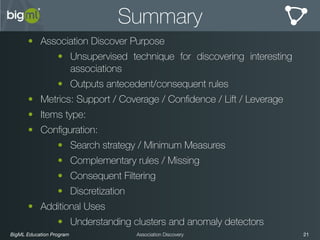 BigML Education Program 21Association Discovery
Summary
• Association Discover Purpose
• Unsupervised technique for discovering interesting
associations
• Outputs antecedent/consequent rules
• Metrics: Support / Coverage / Conﬁdence / Lift / Leverage
• Items type:
• Conﬁguration:
• Search strategy / Minimum Measures
• Complementary rules / Missing
• Consequent Filtering
• Discretization
• Additional Uses
• Understanding clusters and anomaly detectors
 