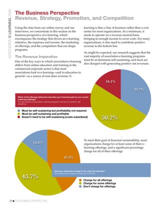 ASSOCIATION E-LEARNING 2009
                              The Business Perspective
                              Revenue, Strategy, Promotion, and Competition
                              Using the data from our online survey and our                               learning is thus a line of business rather than a cost
                              interviews, we concentrate in this section on the                           center for most organizations. At a minimum, it
                              business perspective of e-learning, which                                   needs to operate on a revenue-neutral basis,
                              encompasses the strategy that drives an e-learning                          bringing in enough income to cover costs. For many
                              initiative, the expenses and income, the marketing                          organizations, it also need to contribute positive
                              of offerings, and the competition that can shape                            revenue to the bottom line.
                              programs.
                                                                                  As might be expected, our research suggests that the
                              The Revenue Imperative                              vast majority of association e-learning programs
                                                                                  must be at minimum self-sustaining, and most are
                              One of the key ways in which association e-learning
                                                                                  also charged with generating positive net revenues.
                              differs from online education and training in the
                              commercial corporate sector is that most
                              associations look to e-learning—and to education in
                              general—as a source of non-dues revenue. E-
                                                                                                                                      16.1%

                                                                                                                                                   33.7%
                                Which of the following statements describes your ﬁnancial goals for your current
                                e-learning offerings?
                                The vast majority of association e-learning programs must be at a minimum self-
                                sustaining.


                                    Must be self-sustaining but proﬁtability not required
                                    Must be self-sustaining and proﬁtable
                                    Doesn’t need to be self-sustaining (costs subsidized)
                                                                                                                               50.2%


                                                                                                           To meet their goal of ﬁnancial sustainability, most
                                                 14.0%                                                     organizations charge for at least some of their e-
                                                                                                           learning offerings, and a signiﬁcant percentage
                                                                                                           charge for all of their offerings.

                                                                                    42.3%


                                                                         Does your association charge for its e-learning offerings?
                                                                         Some 86 percent charge for at least some offerings.

                                    43.7%                                                                 Charge for all offerings
                                                                                                          Charge for some offerings
                                                                                                          Don’t charge for offerings




           37!THE BUSINESS PERSPECTIVE
 