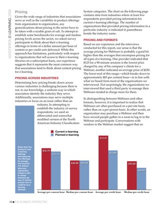 ASSOCIATION E-LEARNING 2009
                              Pricing                                               System categories. The chart on the following page
                                                                                    contains data from industries where at least ﬁve
                              Given the wide range of industries that associations
                                                                                    respondents provided pricing information for
                              serve as well as the variability in product offerings
                                                                                    current e-learning offerings. The number of
                              from organization to organization, any
                                                                                    organizations that provided pricing information in a
                              generalizations about pricing in the sector have to
                                                                                    particular industry is indicated in parentheses
                              be taken with a sizable grain of salt. To attempt to
                                                                                    beside the industry name.
                              establish some benchmarks for average and median
                              pricing levels across the sector, we asked survey     PRICING AND FORMATS
                              participants to think about their e-learning
                                                                                    Based on our experience and the interviews
                              offerings in terms of a dollar amount per hour of
                                                                                    conducted for this report, our sense is that the
                              content or per credit unit delivered. While this
                                                                                    average pricing for Webinars is probably a good bit
                              approach has limitations, particularly with respect
                                                                                    higher than the averages that encompass pricing for
                              to organizations that sell access to their e-learning
                                                                                    all types of e-learning. One provider indicated that
                              libraries on a subscription basis, our experience
                                                                                    $125 for a 90-minute sessions is the lowest price
                              suggests that it represents the most common way
                                                                                    charged by any of his company’s clients for a
                              that associations tend to think about content pricing
                                                                                    Webinar; another indicated an average price of $230.
                              for e-learning.
                                                                                    The lower-end of this range—which breaks down to
                              PRICING ACROSS INDUSTRIES                             approximately $83 per content hour—is in line with
                                                                                    what we heard from most of the organizations we
                              Determining how pricing breaks down across
                                                                                    interviewed. Not surprisingly, the organizations we
                              various industries is challenging because there is
                                                                                    interviewed that used a third party to manage their
                              not, to our knowledge, a uniform way in which
                                                                                    Webinars tended to charge more for them.
                              association identify the industry they serve.
                              Additionally, associations may serve multiple         In distinguishing between Webinars and other
                              industries or focus on an issue rather than an        formats, however, it is important to realize that
                                                 industry. In attempting to         Webinars are often purchased on a per-site basis,
                                                 establish the industry of survey   rather than on a per-person basis. In other words, an
                                                 respondents, we used an            organization may purchase a Webinar and then
                                                 abbreviated and somewhat           have several people gather in a room to log in to the
                                                 modiﬁed version of the North       Webinar and participate. Conversations with
                                                 American Industry Classiﬁcation vendors in the Webinar market suggest that an

                                                                  Current e-learning
                                                                  Planned e-learning
                                                                                                        $73.97


                                Break down the
                                pricing for your
                                e-learning             $56.79
                                offerings                       $52.24                                           $53.80
                                (excluding any
                                free offerings).
                                On average,
                                how much (in                                    $40.00 $40.00                                    $39.00
                                U.S. dollars)
                                does your
                                organization                                                                                              $30.00
                                charge or plan
                                to charge
                                members per
                                hour of content
                                and per hour of
                                credit for an e-
                                learning
                                offering?
                                                   Average per content hour Median per content hour Average per credit hour   Median per credit hour



           46!THE BUSINESS PERSPECTIVE
 