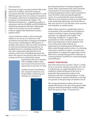 ASSOCIATION E-LEARNING 2009
                              Distribution                                             government purchaser’s learning management
                                                                                       system. Many organizations that wish to purchase
                              E-learning is largely associated with the Web at this
                                                                                       e-learning from an association already have a
                              point in its evolution, and for the most part,
                                                                                       learning management system in place and prefer to
                              associations that offer e-learning distribute it via the
                                                                                       track all of their online learning through that
                              Web through some form of e-commerce transaction.
                                                                                       system. To accommodate this need, associations
                              Nonetheless, other forms of distribution continue to
                                                                                       either have to be prepared to hand over content ﬁles
                              be popular. As indicated in the chapter “The
                                                                                       to the purchasing organization or host the ﬁles on
                              Operational Perspective,” a signiﬁcant number of
                                                                                       their own servers in a way that they can be accessed
                              associations still use CD-ROMs and DVD-ROMs for
                                                                                       and tracked by an outside system.
                              distributing educational offerings. Additionally,
                              while not covered by our survey, anecdotal               Either of these scenarios is signiﬁcantly easier to
                              evidence suggests that teleseminars remain a             accommodate if the association has developed its
                              popular option.                                          content according to major e-learning industry
                                                                                        standards. As suggested in the chapter “The
                              A form of delivery which we did not formally
                                                                                        Technology Perspective,” it appears that
                              address in our survey or in interviews with
                                                                                        associations are either unfamiliar with or do not
                              associations and providers is learning via handheld
                                                                                        place much importance on these standards. Our
                              devices such as mobile phones, MP3 players, or
                                                                                        sense at this point is that relatively few
                              portable video devices. Only one of the associations
                                                                                        organizations are thinking about distribution of
                              we interviewed indicated learning delivery via
                                                                                        their content through outside systems. As e-learning
                              handheld devices is something it already offers.
                                                                                        in the sector continues to mature, we expect more
                              One other organization indicated that it may
                                                                                        organizations to recognize this opportunity and for
                              introduce some form of handheld learning in the
                                                                                        there to be a corresponding growth in adherence to
                              future. We expect to see growth in this area over the
                                                                                        e-learning industry standards for content packaging
                              coming year, however, particularly among
                                                                                        and distribution.
                                               organizations that serve members
                                               who are highly mobile in their           MARKET PENETRATION
                                               day-to-day work and tend not to
                                                                                        One of the interviewees caveated, “There’s a whole
                                               spend much or any time at a desk.
                                                                                        lot of, as you know, asterisks around this one,” but,
                                                  Another channel of distribution       as with pricing, we sought through the survey to
                                                  that surfaced in interviews was       establish an initial benchmark for the level of
                                                  the possibility of delivering of e-   penetration that organizations appear to be
                                                  learning via a corporate or           achieving with their e-learning programs. To help
                                                                                        limit the number of asterisks somewhat we focused
                                                                     18.2%              our question on the percentage of members served.

                                                                                        The average penetration numbers did not vary
                                                                                        signiﬁcantly based on the age of the program. Older
                                                                                        programs indicated penetration numbers slightly
                                                                                        above the group average—19.4 percent for
                                What
                                percentage of
                                your                                                               10.0%
                                membership
                                base would you
                                estimate
                                participates in
                                at least one e-
                                learning
                                offering from
                                your
                                organization
                                annually?


                                                                    Average                        Median

           53!THE BUSINESS PERSPECTIVE
 