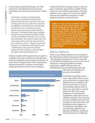 ASSOCIATION E-LEARNING 2009   In discussing on-demand offerings, one of the                           needed download or running scripts in a browser
                              interviewees described the level of end user                            page. Usually the only solution available in these
                              technology issues she had encountered as “almost                        cases is to work with the organizations where the
                              nil.”                                                                   problems arise to ﬁgure out a way to get needed
                                                                                                      software pre-loaded onto computers or make
                                 I think when something is designed really                            targeted exceptions to network policy.
                                 well...and you provide clear instructions for
                                 people on how they need to get to the course and
                                 how they need to access it, after that it should all                    “[W]e have had very few problems with our
                                 be embedded; it should all be clear. We had made                        attendees not being able to figure it [how to
                                 sure that there was an introductory section                             attend a Webinar] out. We have to really
                                 upfront in the course that we told everybody to                         spell it out sometimes. We had some
                                 start with. It told them all about how to navigate                      people staring at the computer screen not
                                 through the course and what the different things                        knowing why they weren’t hearing anything
                                                                                                         when they weren’t on the phone. So we’ve
                                 were for and all that sort of stuff, so we were very
                                                                                                         learned how to communicate the directions
                                 clear with people. We’ve gotten very few calls. The
                                                                                                         a little bit better along the way. They seem
                                 most common call we get is the same one we get                          to be very comfortable now with all the
                                 for our Web site, which is, ‘I forgot my log-in and                     technology involved. We have glitches but
                                 password.’ So I think that a well designed course                       nothing major.”
                                 —deﬁnitely you need a good instructional
                                 designer for online learning, to help with that—
                                 the system itself, should be easy to use.                            Webinar Platforms
                                                                                                      In the survey, Webinar platforms were included in
                              Finally, a number of the organizations we spoke to
                                                                                                      the authoring tool choices (discussed in the chapter
                              noted the issues that sometimes go with offering e-
                                                                                                      “The Operational Perspective”). We’ve separated
                              learning to corporate and government audiences. In
                                                                                                      out the Webinar platforms here, however, for ease of
                              many cases, IT departments at these organizations
                                                                                                      comparison. Among the platforms used by
                              implement ﬁrewalls or policies on networked
                                                                                                      organizations, WebEx (26.6 percent) and
                              computers that prevent users from accessing a
                                                                                                      GoToMeeting (22.5 percent) lead the pack with
                                                                                                                       Microsoft Live Meeting (13.5
                                                                                                                       percent) a distant third.
                                WebEx and GoToMeeting are the Webinar platforms most used by survey respondents.
                                                                                                                           It should be noted that in many
                                                                                                                           cases, organizations choose to use
                                       WebEx                                                                       26.6%   a service provider to support their
                                                                                                                           Webinars and may identify with
                               GoToMeeting                                                              22.5%
                                                                                                                           the service provider as much or
                                                                                                                           more than the platform itself. In
                                                                                                                           these cases, given that we named
                               Live Meeting                                        13.5%
                                                                                                                           platforms rather than service
                                                                                                                           companies, it is possible that
                              Adobe Connect                  3.7%                                                          respondents simply did not select
                                                                                                                           a Webinar platform when selecting
                                     Genesys            1.8%                                                               from the available list of tools. Key
                                                                                                                           examples of service providers and
                                                                                                                           the platforms they support are
                                  Elluminate          0.9%
                                                                                                                           CommPartners (for WebEx and
                                                                                                                           Live Meeting), KRM (for Live
                                  ReadyTalk           0.9%                                                                 Meeting and WebEx), and Boston
                                                                                                                           Conferencing (for Live Meeting).
                                                0%                     10%                    20%                    30%

           61!THE TECHNOLOGY PERSPECTIVE
 