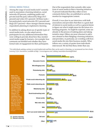 ASSOCIATION E-LEARNING 2009   SOCIAL MEDIA TOOLS                                                       Out of the respondents that currently offer some
                              Among the range of social media tools† currently                         form of social media in their e-learning initiatives,
                              used in association e-learning initiatives, social                       71 percent indicated that they either review
                              networks (25 percent, combining public and                               comments before they are published or actively
                              private) lead the pack, followed by blogs (16.5                          monitor for inappropriate content.
                              percent) and wikis (10.1 percent). All three tools—
                              but particularly social networks (32.1 percent) and                      Overall, it was clear in our interviews with both
                              blogs (25.7 percent)—show stronger interest among                        associations and providers that there is a great deal
                              respondents planning to implement e-learning.                            of interest in social media as well as a general desire
                                                                                                       to ﬁgure out what it might mean for the future of e-
                              In addition to asking about use of speciﬁc types of                      learning programs. As might be expected, some are
                              social media tools, we also asked survey                                 already in the process of making plans and taking
                              participants for any additional information they                         tentative steps. Others are more reluctant to add a
                              were willing to provide about how they monitor                           new element to their ﬂedgling e-learning initiatives,
                              social media usage by learners—for example, how                          and providers, in particular, are wrestling with how
                              comments are handled and whether they have                               social media ﬁts into their business models. What
                              formal rules of engagement for their participants.                       follows are a variety of quotes from individuals
                                                                                                       interviewed. We feel that these, better than any
                              †For individuals seeking a primer on social media tools and how they can be used in e-learning, we recommend our free e-book,
                              Learning 2.0 for Associations, available at http://www.tagoras.com/catalog/association-learning20.html.


                                                                                      Blog                               16.5%
                                                                                                                                    25.7%

                                                                        Discussion forums                                                   32.7%
                                                                                                                                                     45.0%

                                                                      Microblogging tools          2.4%
                                                                                                      4.6%

                                                                       Photosharing sites          2.4%
                                                                                                       5.5%

                                                                                 Podcasts                                          25.0%
                                  Which of the                                                                                         28.4%
                                  following social
                                  media tools does                                                                   16.1%
                                  your organization          Private social networking site                                      22.9%
                                  currently use or plan
                                  to use as part of
                                                             Public social networking site                   8.9%
                                  your online learning                                                       9.2%
                                  offerings? (Please
                                  only indicate tools
                                  that are or will be                    Slidesharing sites     2.0%
                                                                                                1.8%
                                  explicitly a part of
                                  your e-learning
                                  initiatives. For               Social bookmarking tools     0%
                                                                                                1.8%
                                  example, if your
                                  organization has or
                                  plans to have a wiki,                      Virtual worlds    1.2%
                                  but does not use it                                             3.7%
                                  or plan to use it as
                                  part of its e-learning                   Web video sites                7.3%
                                  offerings, do not                                                          9.2%
                                  select that item.)
                                  Social networks (25                                                          10.1%
                                  percent, combining
                                                                                      Wiki                       11.9%
                                  public and private) lead
                                  the pack.
                                                              Don’t use social media tools                                                              47.6%
                                                                                                             8.3%

                                     Current e-learning                           Not sure    0%
                                                                                                                                                       46.8%
                                     Planned e-learning

                                                                                     Other                6.9%
                                                                                                   2.8%


           72!THE TECHNOLOGY PERSPECTIVE
 