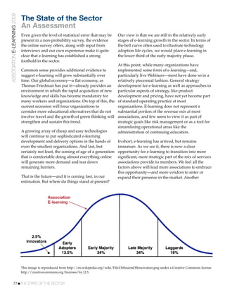 ASSOCIATION E-LEARNING 2009
                              The State of the Sector
                              An Assessment
                              Even given the level of statistical error that may be         Our view is that we are still in the relatively early
                              present in a non-probability survey, the evidence             stages of e-learning growth in the sector. In terms of
                              the online survey offers, along with input from               the bell curve often used to illustrate technology
                              interviews and our own experience make it quite               adoption life cycles, we would place e-learning in
                              clear that e-learning has established a strong                the lower third of the early majority phase.
                              foothold in the sector.
                                                                                     At this point, while many organizations have
                              Common sense provides additional evidence to           implemented some form of e-learning—and,
                              suggest e-learning will grow substantially over        particularly live Webinars—most have done so in a
                              time. Our global economy—a ﬂat economy, as             relatively piecemeal fashion. General strategy
                              Thomas Friedman has put it—already provides an         development for e-learning as well as approaches to
                              environment in which the rapid acquisition of new particular aspects of strategy, like product
                              knowledge and skills has become mandatory for          development and pricing, have not yet become part
                              many workers and organizations. On top of this, the of standard operating practice at most
                              current recession will force organizations to          organizations. E-learning does not represent a
                              consider more educational alternatives that do not     substantial portion of the revenue mix at most
                              involve travel and the growth of green thinking will associations, and few seem to view it as part of
                              strengthen and sustain this trend.                     strategic goals like risk management or as a tool for
                                                                                     streamlining operational areas like the
                              A growing array of cheap and easy technologies         administration of continuing education.
                              will continue to put sophisticated e-learning
                              development and delivery options in the hands of       In short, e-learning has arrived, but remains
                              even the smallest organizations. And last, but         immature. As we see it, there is now a clear
                              certainly not least, the coming of age of a generation opportunity for e-learning to transition into more
                              that is comfortable doing almost everything online     signiﬁcant, more strategic part of the mix of services
                              will generate more demand and tear down                associations provide to members. We feel all the
                              remaining barriers.                                    factors above will lead more associations to embrace
                                                                                     this opportunity—and more vendors to enter or
                              That is the future—and it is coming fast, in our       expand their presence in the market. Another
                              estimation. But where do things stand at present?


                                               Association
                                               E-learning




                              This image is reproduced from http://en.wikipedia.org/wiki/File:DiffusionOfInnovation.png under a Creative Commons license
                              http://creativecommons.org/licenses/by/2.5.


           77!THE STATE OF THE SECTOR
 