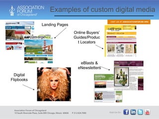 Examples of custom digital media Landing Pages eBlasts & eNewsletters Online Buyers’ Guides/Product Locators Digital Flipbooks 