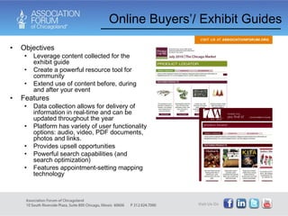 Online Buyers’/ Exhibit Guides Objectives Leverage content collected for the exhibit guide Create a powerful resource tool for community Extend use of content before, during and after your event Features Data collection allows for delivery of information in real-time and can be updated throughout the year Platform has variety of user functionality options: audio, video, PDF documents, photos and links.  Provides upsell opportunities Powerful search capabilities (and search optimization) Features appointment-setting mapping technology 