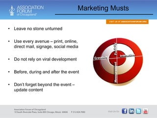 Leave no stone unturned Use every avenue – print, online, direct mail, signage, social media Do not rely on viral development  Before, during and after the event Don’t forget beyond the event – update content Marketing Musts 