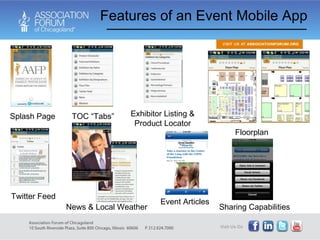 Twitter Feed News & Local Weather Splash Page TOC “Tabs” Exhibitor Listing & Product Locator Floorplan Features of an Event Mobile App Event Articles Sharing Capabilities 