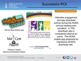 Successful ROI Attendee engagement and app download activity during the HCEA annual meeting was excellent.  A 15% download rate is considered ideal at an event.  The HCEA mobile app produced an impressive 40.64% download rate.  Winner Best Mobile App Platinum Award Electronic/Interactive Media 