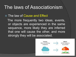 The laws of Associationism
 The law of Cause and Effect
The more frequently two ideas, events,
or objects are experienced in the same
sequence, more likely they are inferred
that one will cause the other, and more
strongly they will be associated.
 