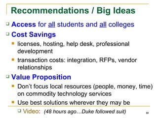 Recommendations / Big Ideas Access  for  all  students and  all  colleges Cost Savings licenses, hosting, help desk, professional development transaction costs: integration, RFPs, vendor relationships Value Proposition Don’t focus local resources (people, money, time) on commodity technology services Use best solutions wherever they may be Video :  (48 hours ago… Duke followed suit) 