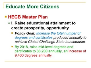Educate More Citizens HECB Master Plan I. Raise educational attainment to create prosperity, opportunity  Policy Goal:  Increase the total number of degrees and certificates  produced annually to achieve Global Challenge State benchmarks.  By 2018, raise mid-level degrees and certificates to 36,200 annually, an  increase of 9,400 degrees annually. 