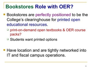 Bookstores  Role with OER? Bookstores are  perfectly positioned  to be the College’s clearinghouse for  printed open educational resources. print-on-demand open textbooks & OER course packs? Students want printed options Have location and are tightly networked into IT and fiscal campus operations. 