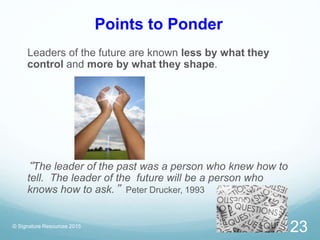 Points to Ponder
Leaders of the future are known less by what they
control and more by what they shape.
“The leader of the...