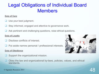 Legal Obligations of Individual Board
Members
Duty of Care
 Use your best judgment.
 Stay informed, engaged and attentiv...