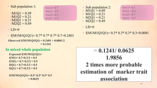 • Sub population 1:
•M1Q1 = 0.49
•M1Q2 = 0.21
•M2Q1 = 0.21
•M2Q2 = 0.49
• LD=0
• f(M1M1Q1Q1)= 0.7* 0.7* 0.7* 0.7=0.2401
• Sub population 2:
• M1Q1 = 0.09
• M1Q2 = 0.21
• M2Q1 = 0.21
• M2Q2 = 0.49
• LD=0
• f(M1M1Q1Q1)= 0.3* 0.3* 0.3* 0.3=0.0081
30
f(m1)= 0.7
f(Q1) = 0.7
f(m2)= 0.3
f(Q2) = 0.3
f(m1)= 0.3
f(Q1) = 0.3
f(m2)= 0.7
f(Q2) = 0.7
In mixed whole population
Expected f(M1M1Q1Q1)=
f(M1)= 0.7+0.3/2 = 0.5
f(M2) = 0.7+0.3/2 = 0.5
f(Q1) = 0.7+0.3/2 = 0.5
f(Q1) = 0.7+0.3/2 = 0.5
f(M1M1Q1Q1)= 0.5* 0.5* 0.5* 0.5
= 0.0625
= 0.1241/ 0.0625
1.9856
2 times more probable
estimation of marker trait
association
Observed f(M1M1Q1Q1) = 0.2401 + 0.0081/2
= 0.1241
 
