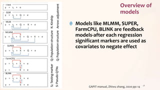 Overview of
models
38
GAPIT manual, Zhiwu zhang, 2020 pp: 14
θ Models like MLMM, SUPER,
FarmCPU, BLINK are feedback
models-after each regression
significant markers are used as
covariates to negate effect
 