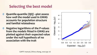 Selecting the best model
θ Quantile-quantile (QQ) –plot assess
how well the model used in GWAS
accounts for population structure
and familial relatedness
θ Negative logarithms of the P-values
from the models fitted in GWAS are
plotted against their expected value
under the null hypothesis of no
association with the trait
39
GAPIT manual, Zhiwu zhang, 2020 pp: 26
 