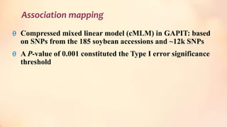 Association mapping
θ Compressed mixed linear model (cMLM) in GAPIT: based
on SNPs from the 185 soybean accessions and ~12k SNPs
θ A P-value of 0.001 constituted the Type I error significance
threshold
 