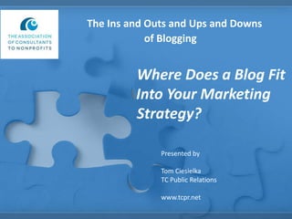 The Ins and Outs and Ups and Downs
of Blogging

Where Does a Blog Fit
Into Your Marketing
Strategy?
Presented by

Tom Ciesielka
TC Public Relations
www.tcpr.net

 