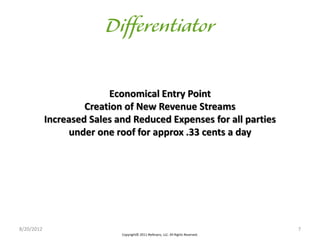 Economical Entry Point
                     Creation of New Revenue Streams
            Increased Sales and Reduced Expenses for all parties
                 under one roof for approx .33 cents a day




8/20/2012                                                                           7
                             Copyright© 2011 iReferpro, LLC. All Rights Reserved.
 