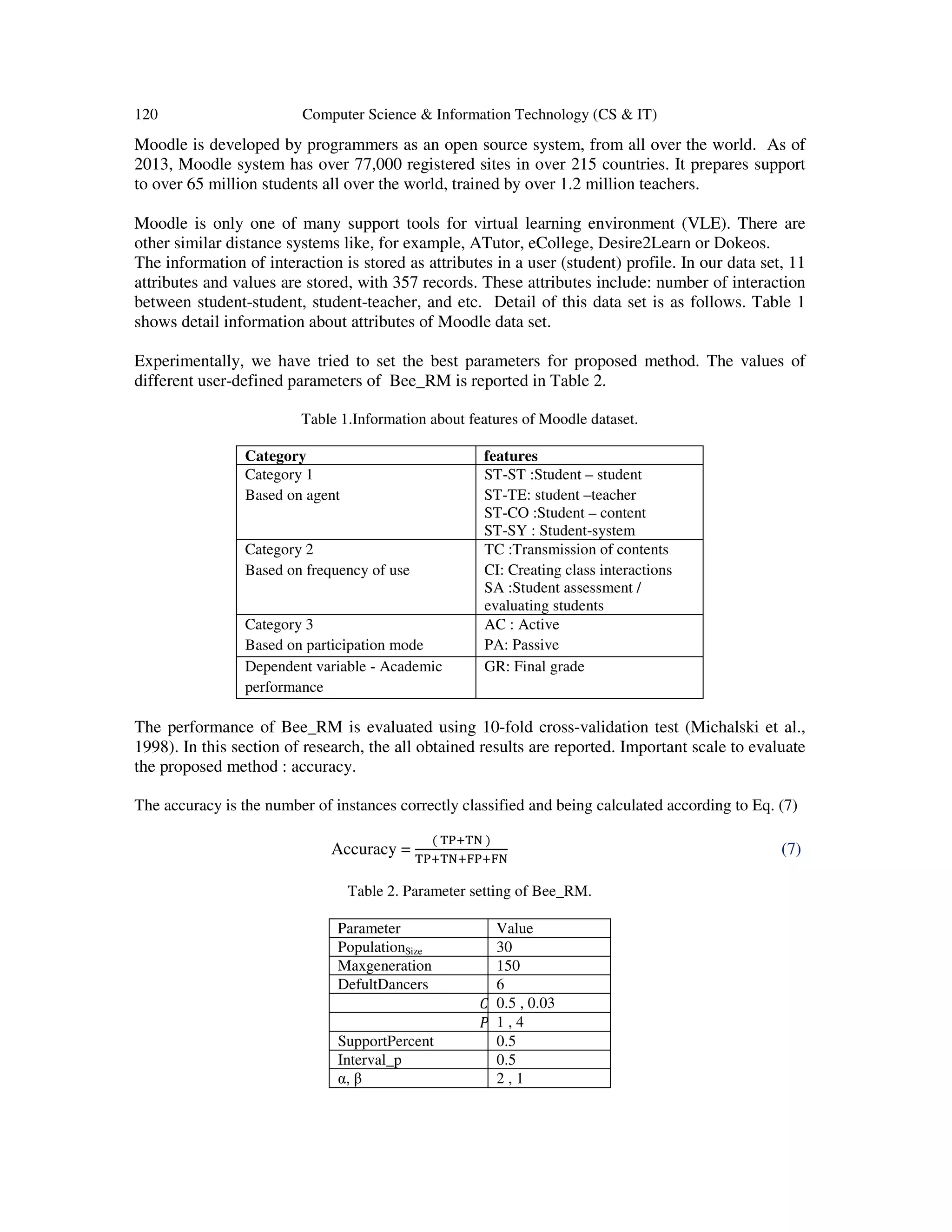 120 Computer Science & Information Technology (CS & IT)
Moodle is developed by programmers as an open source system, from all over the world. As of
2013, Moodle system has over 77,000 registered sites in over 215 countries. It prepares support
to over 65 million students all over the world, trained by over 1.2 million teachers.
Moodle is only one of many support tools for virtual learning environment (VLE). There are
other similar distance systems like, for example, ATutor, eCollege, Desire2Learn or Dokeos.
The information of interaction is stored as attributes in a user (student) profile. In our data set, 11
attributes and values are stored, with 357 records. These attributes include: number of interaction
between student-student, student-teacher, and etc. Detail of this data set is as follows. Table 1
shows detail information about attributes of Moodle data set.
Experimentally, we have tried to set the best parameters for proposed method. The values of
different user-defined parameters of Bee_RM is reported in Table 2.
Table 1.Information about features of Moodle dataset.
Category features
Category 1
Based on agent
student–ST :Student-ST
ST-TE: student –teacher
ST-CO :Student – content
ST-SY : Student-system
Category 2
Based on frequency of use
TC :Transmission of contents
CI: Creating class interactions
SA :Student assessment /
evaluating students
Category 3
Based on participation mode
AC : Active
PA: Passive
Academic-Dependent variable
performance
GR: Final grade
The performance of Bee_RM is evaluated using 10-fold cross-validation test (Michalski et al.,
1998). In this section of research, the all obtained results are reported. Important scale to evaluate
the proposed method : accuracy.
The accuracy is the number of instances correctly classified and being calculated according to Eq. (7)
Accuracy =
ሺ ୘୔ା୘୒ ሻ
୘୔ା୘୒ା୊୔ା୊୒
(7)
Table 2. Parameter setting of Bee_RM.
Parameter Value
PopulationSize 30
Maxgeneration 150
DefultDancers 6
‫ܥ‬ 0.5 , 0.03
ܲଵ 1 , 4
SupportPercent 0.5
Interval_p 0.5
, βα 2 , 1
 