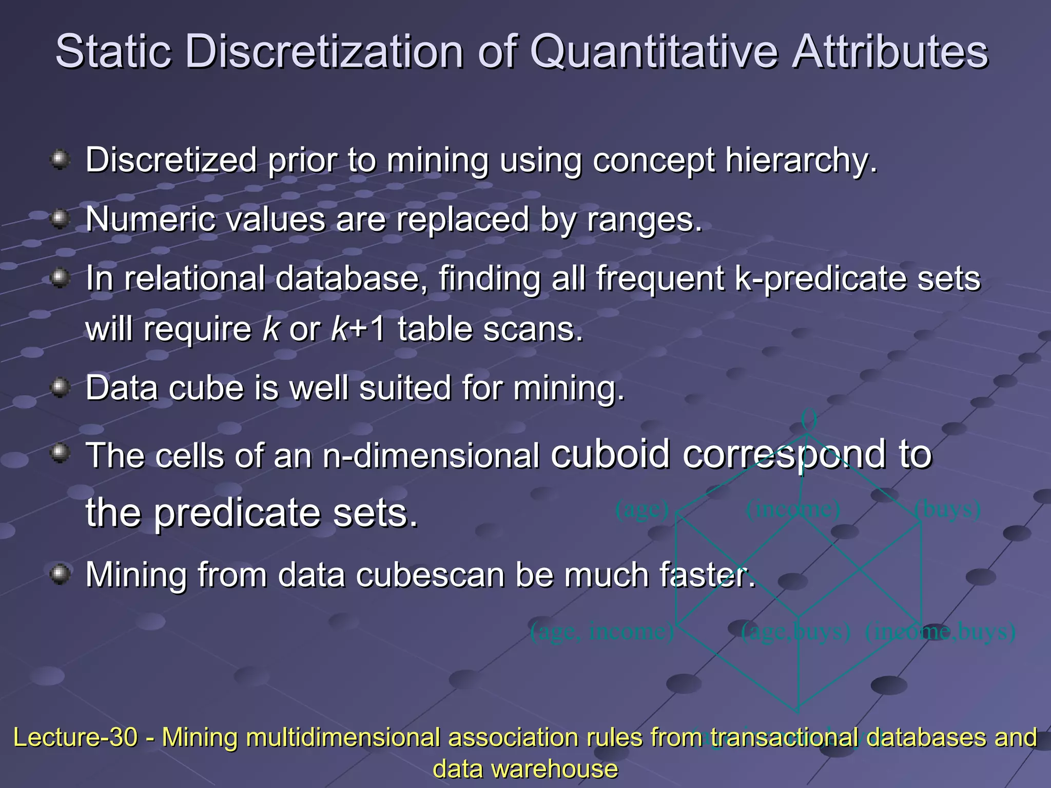 Static Discretization of Quantitative AttributesStatic Discretization of Quantitative Attributes
Discretized prior to mining using concept hierarchy.Discretized prior to mining using concept hierarchy.
Numeric values are replaced by ranges.Numeric values are replaced by ranges.
In relational database, finding all frequent k-predicate setsIn relational database, finding all frequent k-predicate sets
will requirewill require kk oror kk+1 table scans.+1 table scans.
Data cube is well suited for mining.Data cube is well suited for mining.
The cells of an n-dimensionalThe cells of an n-dimensional cuboid correspond tocuboid correspond to
the predicate sets.the predicate sets.
Mining from data cubescan be much faster.Mining from data cubescan be much faster.
(income)(age)
()
(buys)
(age, income) (age,buys) (income,buys)
(age,income,buys)Lecture-30 - Mining multidimensional association rules from transactional databases andLecture-30 - Mining multidimensional association rules from transactional databases and
data warehousedata warehouse
 