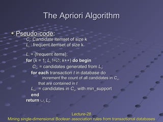 The Apriori AlgorithmThe Apriori Algorithm
Pseudo-codePseudo-code::
CCkk: Candidate itemset of size k: Candidate itemset of size k
LLkk : frequent itemset of size k: frequent itemset of size k
LL11 = {frequent items};= {frequent items};
forfor ((kk = 1;= 1; LLkk !=!=∅∅;; kk++)++) do begindo begin
CCk+1k+1 = candidates generated from= candidates generated from LLkk;;
for eachfor each transactiontransaction tt in database doin database do
increment the count of all candidates inincrement the count of all candidates in CCk+1k+1
that are contained inthat are contained in tt
LLk+1k+1 = candidates in= candidates in CCk+1k+1 with min_supportwith min_support
endend
returnreturn ∪∪kk LLkk;;
Lecture-28Lecture-28
Mining single-dimensional Boolean association rules from transactional databasesMining single-dimensional Boolean association rules from transactional databases
 
