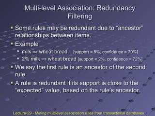 Multi-level Association: RedundancyMulti-level Association: Redundancy
FilteringFiltering
Some rules may be redundant due to “ancestor”Some rules may be redundant due to “ancestor”
relationships between items.relationships between items.
ExampleExample

milkmilk ⇒⇒ wheat breadwheat bread [support = 8%, confidence = 70%][support = 8%, confidence = 70%]

2% milk2% milk ⇒⇒ wheat breadwheat bread [support = 2%, confidence = 72%][support = 2%, confidence = 72%]
We say the first rule is an ancestor of the secondWe say the first rule is an ancestor of the second
rule.rule.
A rule is redundant if its support is close to theA rule is redundant if its support is close to the
“expected” value, based on the rule’s ancestor.“expected” value, based on the rule’s ancestor.
Lecture-29 - Mining multilevel association rules from transactional databasesLecture-29 - Mining multilevel association rules from transactional databases
 