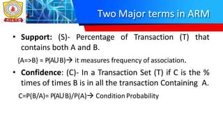 Two Major terms in ARM
• Support: (S)- Percentage of Transaction (T) that
contains both A and B.
{A=>B} = P(AꓴB) it measures frequency of association.
• Confidence: (C)- In a Transaction Set (T) if C is the %
times of times B is in all the transaction Containing A.
C=P(B/A)= P(AꓴB)/P(A) ConditionProbability
 