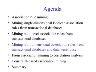 Agenda
• Association rule mining
• Mining single-dimensional Boolean association
rules from transactional databases
• Mining multilevel association rules from
transactional databases
• Mining multidimensional association rules from
transactional databases and data warehouse
• From association mining to correlation analysis
• Constraint-based association mining
• Summary
 