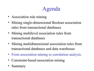 Agenda
• Association rule mining
• Mining single-dimensional Boolean association
rules from transactional databases
• Mining multilevel association rules from
transactional databases
• Mining multidimensional association rules from
transactional databases and data warehouse
• From association mining to correlation analysis
• Constraint-based association mining
• Summary
 