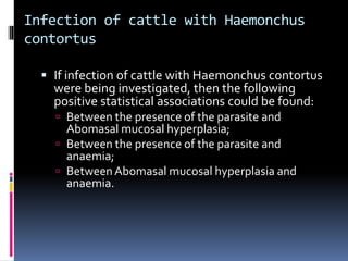 Infection of cattle with Haemonchus
contortus
 If infection of cattle with Haemonchus contortus
were being investigated, then the following
positive statistical associations could be found:
 Between the presence of the parasite and
Abomasal mucosal hyperplasia;
 Between the presence of the parasite and
anaemia;
 BetweenAbomasal mucosal hyperplasia and
anaemia.
 