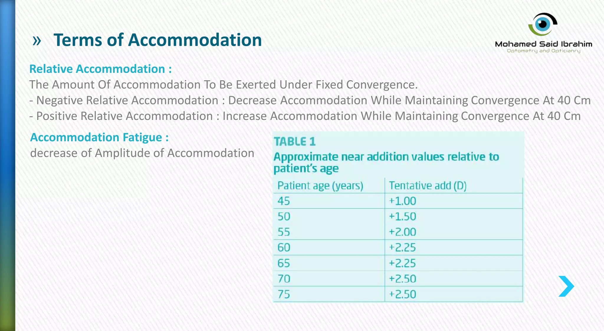 » Terms of Accommodation
Accommodation Fatigue :
decrease of Amplitude of Accommodation
Relative Accommodation :
The Amount Of Accommodation To Be Exerted Under Fixed Convergence.
- Negative Relative Accommodation : Decrease Accommodation While Maintaining Convergence At 40 Cm
- Positive Relative Accommodation : Increase Accommodation While Maintaining Convergence At 40 Cm
 
