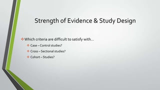 Strength of Evidence & Study Design
Which criteria are difficult to satisfy with…
 Case – Control studies?
 Cross – Sectional studies?
 Cohort – Studies?

 