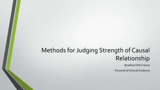 Methods for Judging Strength of Causal
Relationship
Bradford Hill Criteria
Pyramid of Clinical Evidence

 