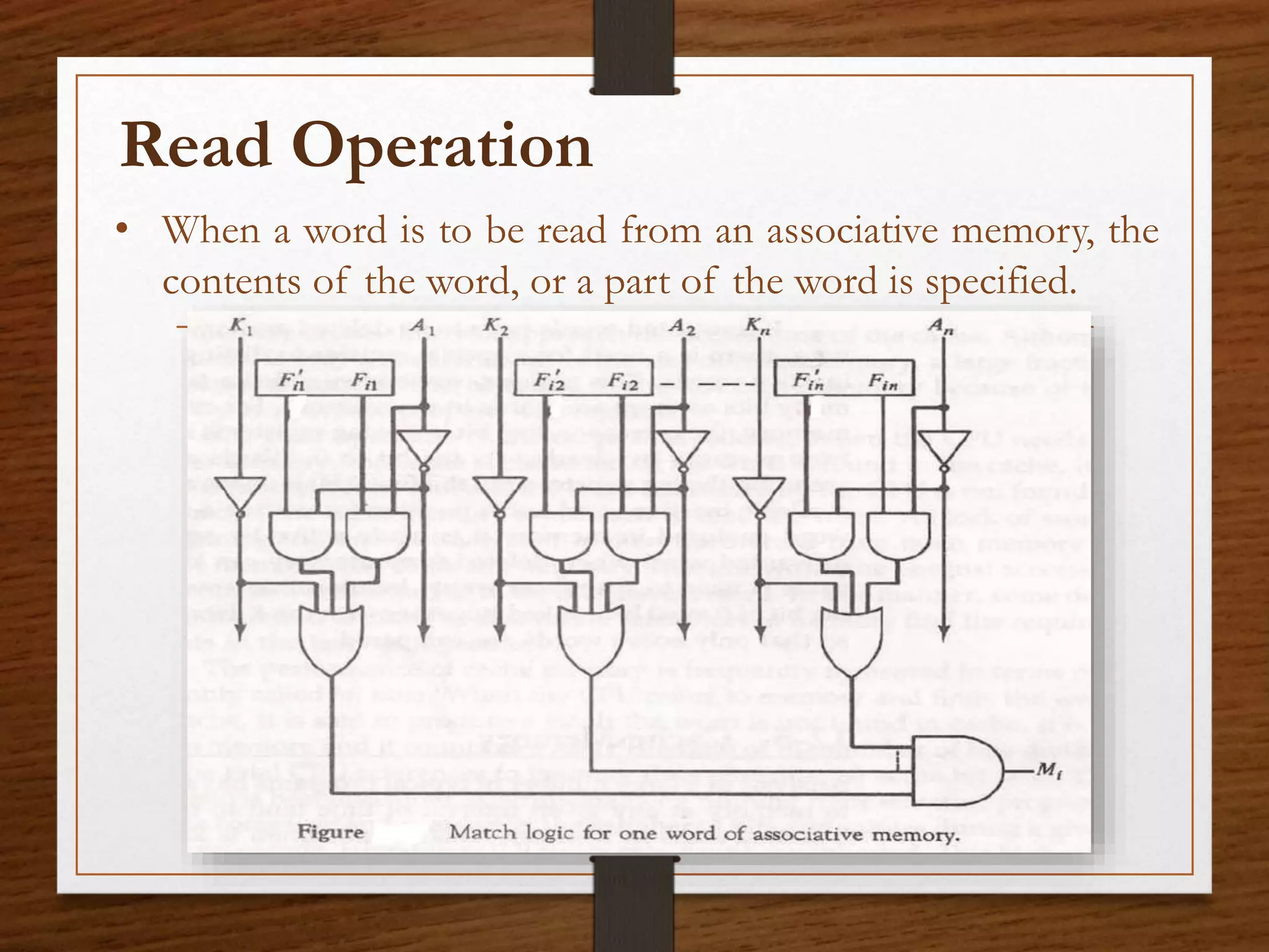 Read Operation
• When a word is to be read from an associative memory, the
contents of the word, or a part of the word is specified.
 