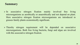 Summary
 In associative nitrogen fixation mainly involved free living
microorganisms as aerobically or anaerobically and not depend on plant.
Here associative nitrogen fixation microorganisms are introduced to
grasses family plants economically significant.
 Thereby nitrogen requirement will be depended on associative
microorganisms. Both free living bacteria, fungi and algae are involved
with this associative nitrogen fixation.
25
 