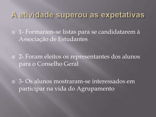    1- Formaram-se listas para se candidatarem à
    Associação de Estudantes

   2- Foram eleitos os representantes dos alunos
    para o Conselho Geral

   3- Os alunos mostraram-se interessados em
    participar na vida do Agrupamento
 