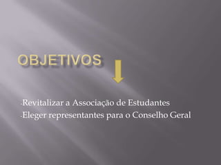 -Revitalizara Associação de Estudantes
-Eleger representantes para o Conselho Geral
 