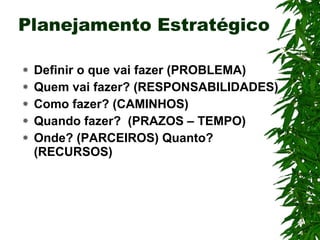 Planejamento Estratégico Definir o que vai fazer (PROBLEMA) Quem vai fazer? (RESPONSABILIDADES) Como fazer? (CAMINHOS) Quando fazer?  (PRAZOS – TEMPO) Onde? (PARCEIROS) Quanto? (RECURSOS) 