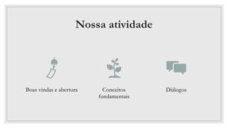 Nossa atividade
Boas vindas e abertura Conceitos
fundamentais
Diálogos
 