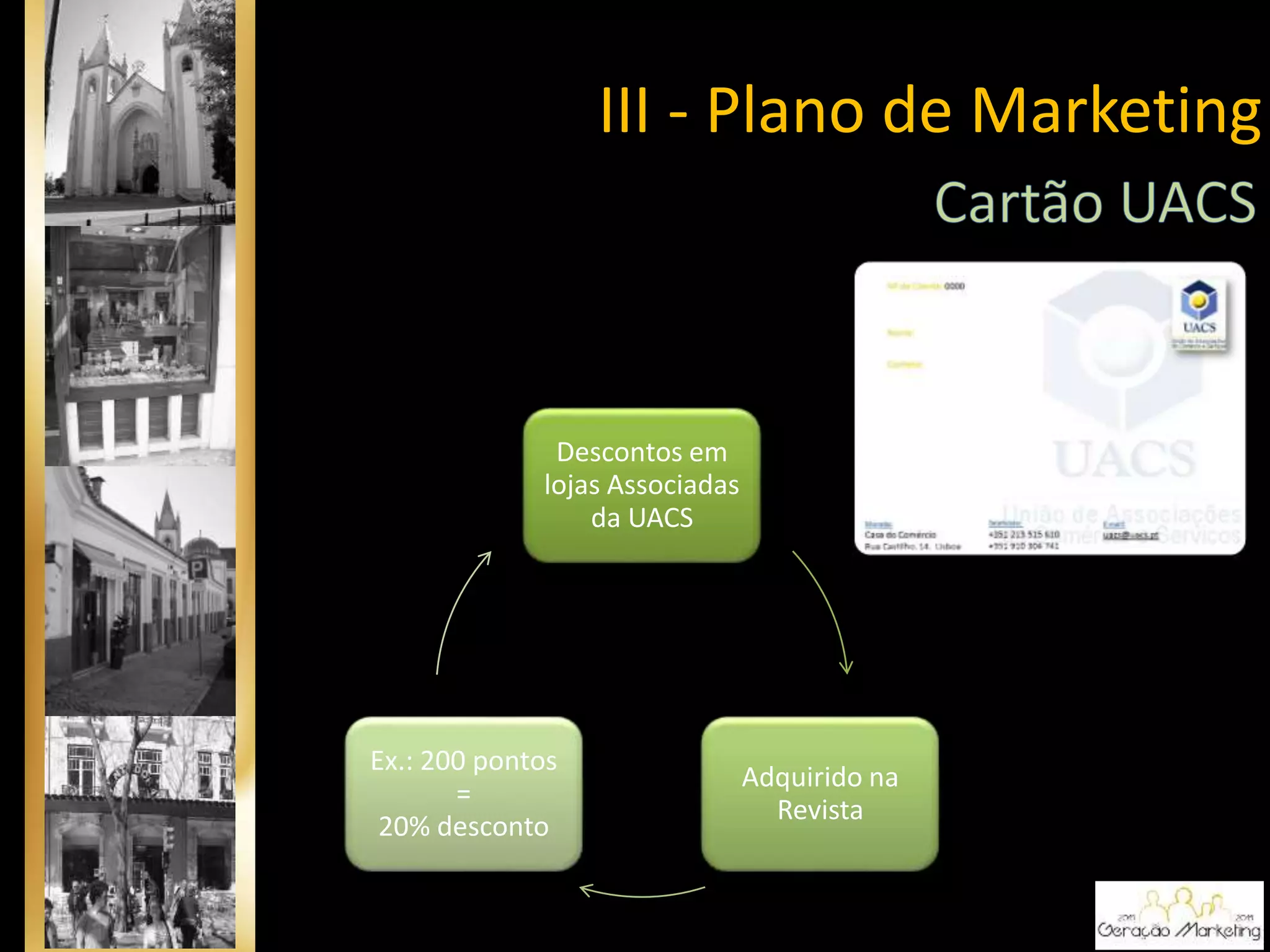 Descontos em
lojas Associadas
da UACS
Adquirido na
Revista
Ex.: 200 pontos
=
20% desconto
III - Plano de Marketing
 